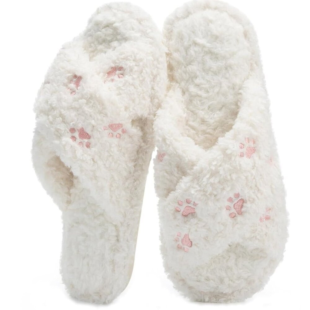 〽️Women's White Cat Paw Open Toe Cross Band Slip On Memory Foam Slipper Shoes